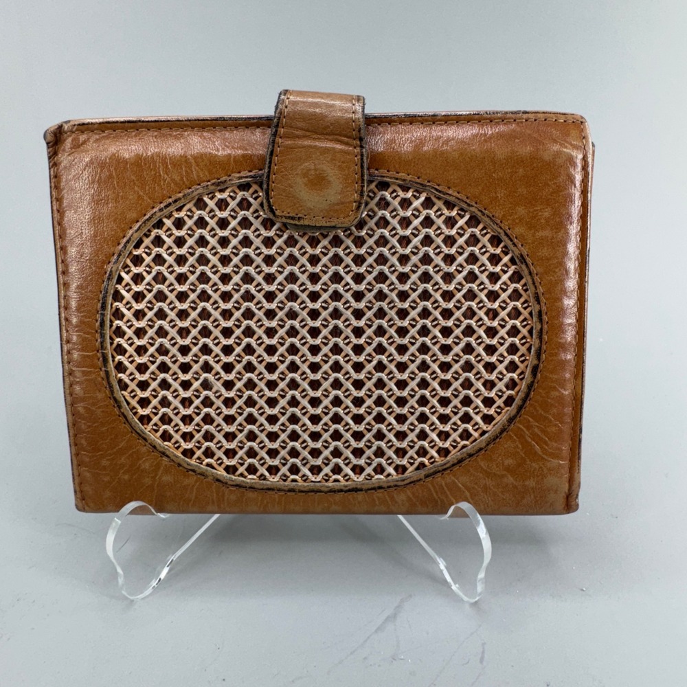 Princess Gardner Bifold Wallet Tan Leather Vintage Woven Kiss Lock